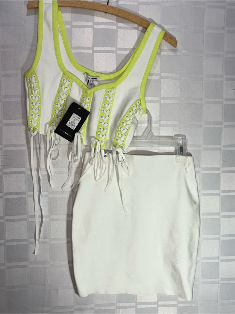 Fashion Nova White Pencil Skirt with Neon Lime-Trim Crop Top Bandage Knit
